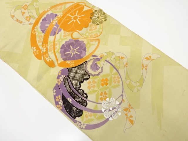 JAPANESE KIMONO / ANTIQUE MARU OBI / SILK / EMBROIDERY / BELL & FLOWER